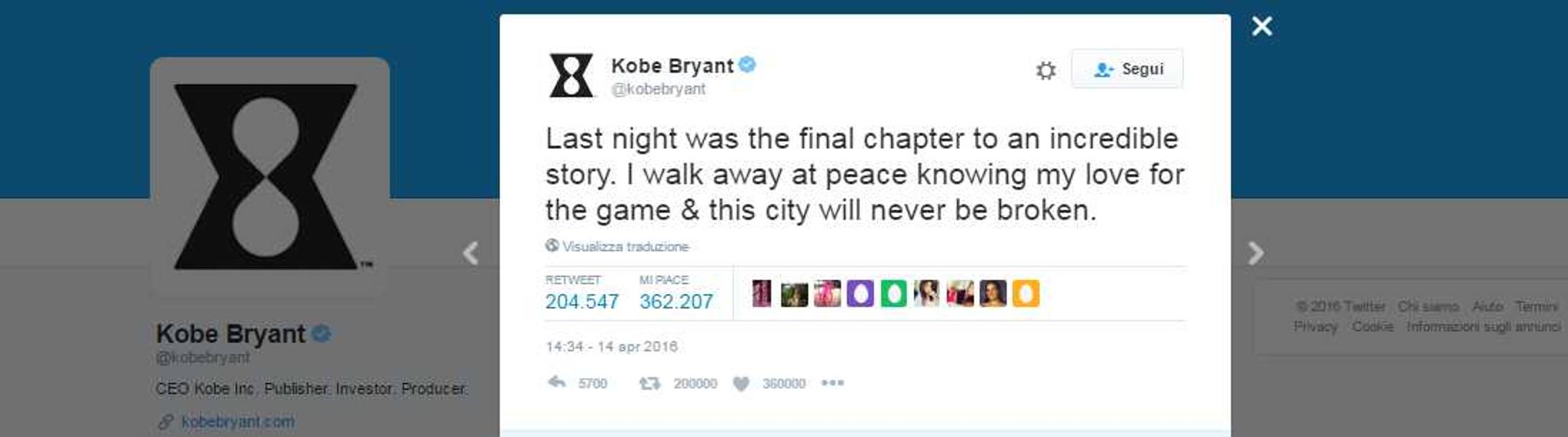 6. La leggenda del basket Kobe Bryant twitta le sue emozioni nella sua ultima notte da giocatore – 205.000 Retweet